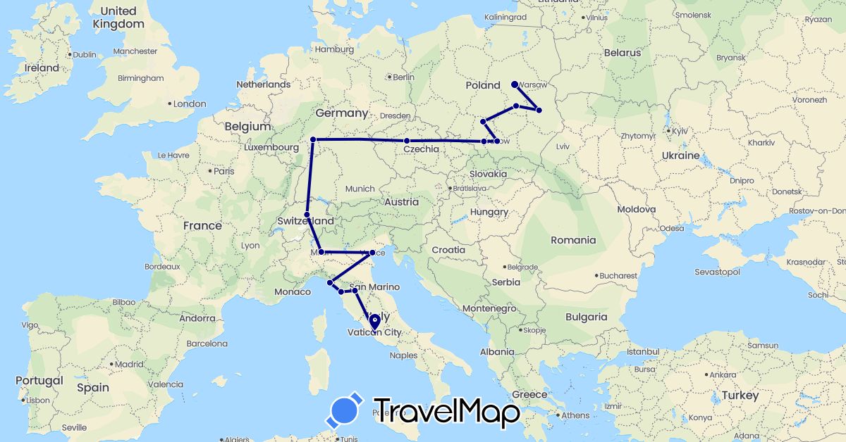 TravelMap itinerary: driving in Switzerland, Czech Republic, Germany, Italy, Poland (Europe)